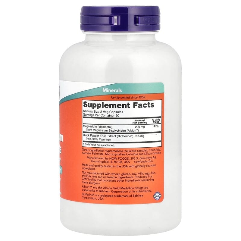 NOW Foods Magnesium Glycinate With BioPerine® 180 Veg Capsules của Mỹ - Ảnh 2