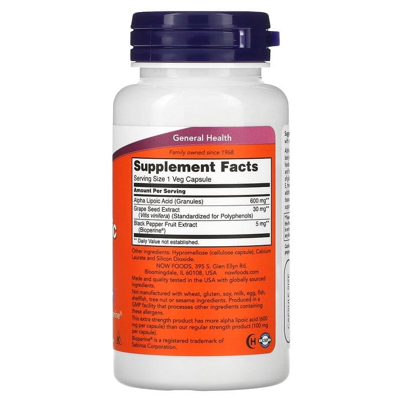 NOW Foods Alpha Lipoic Acid 600 mg 60 Veg Capsules của Mỹ - Ảnh 2